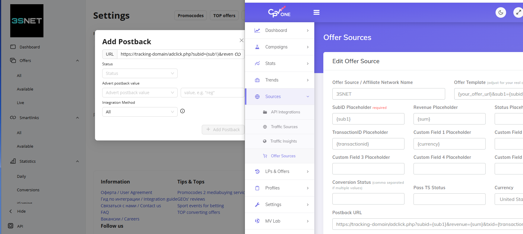 3SNET add CPV Lab postback URL