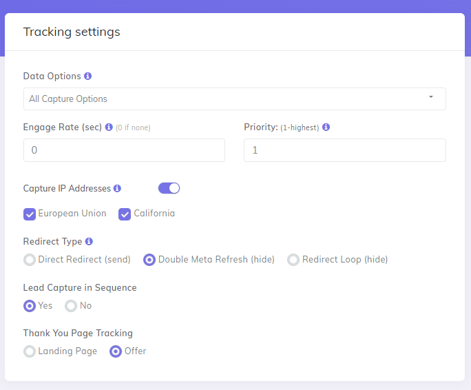 Landing Page Sequence Campaign Tracking Settings
