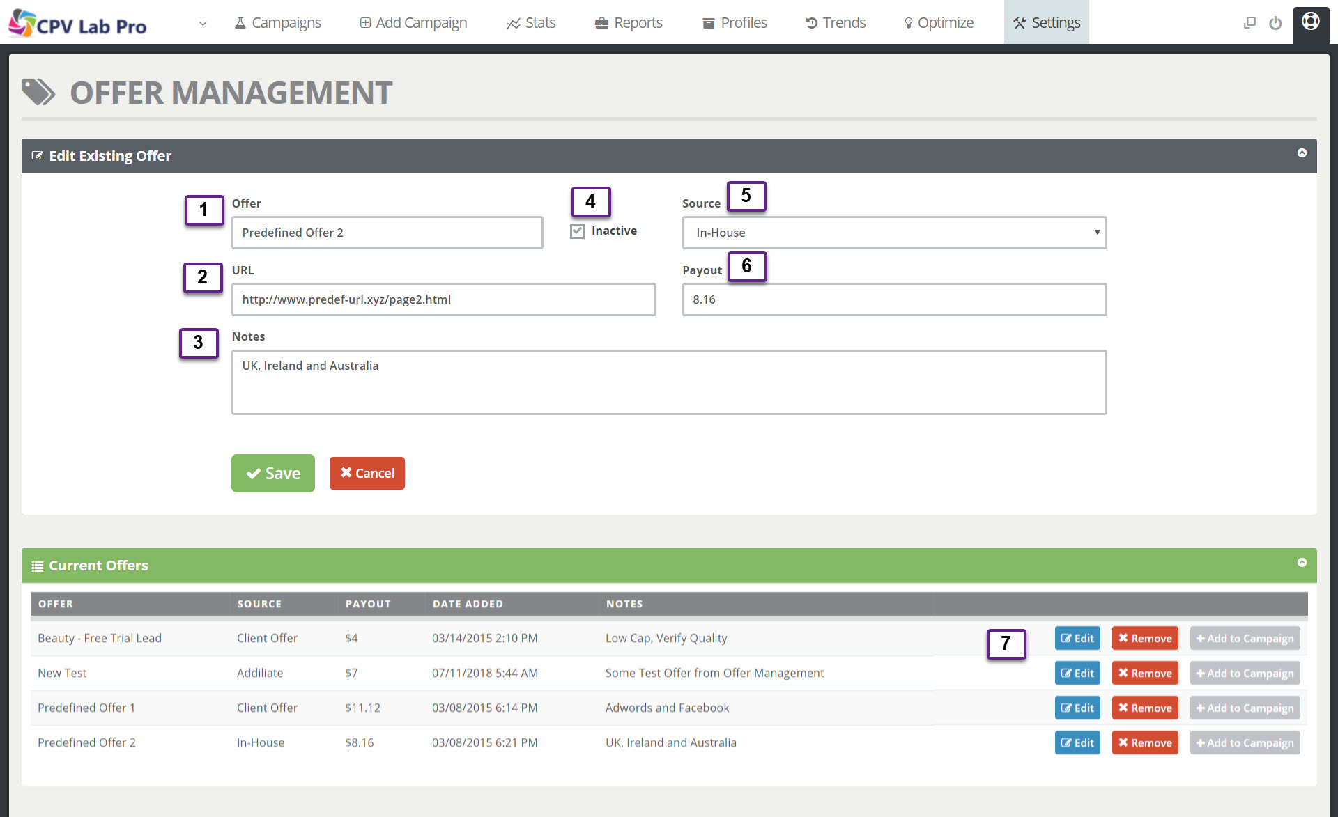 Offer Management Page