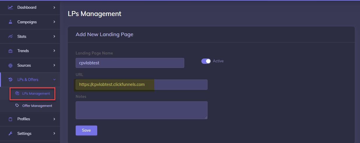 ClickFunnels landing page in CPV Lab