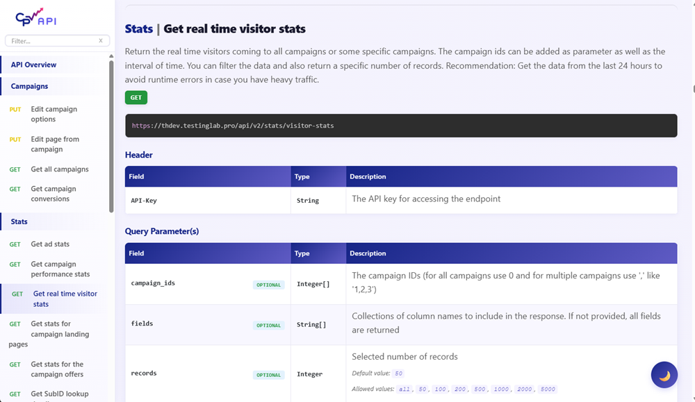 API v2 settings or documentation page inside CPV Lab / CPV One tracker
