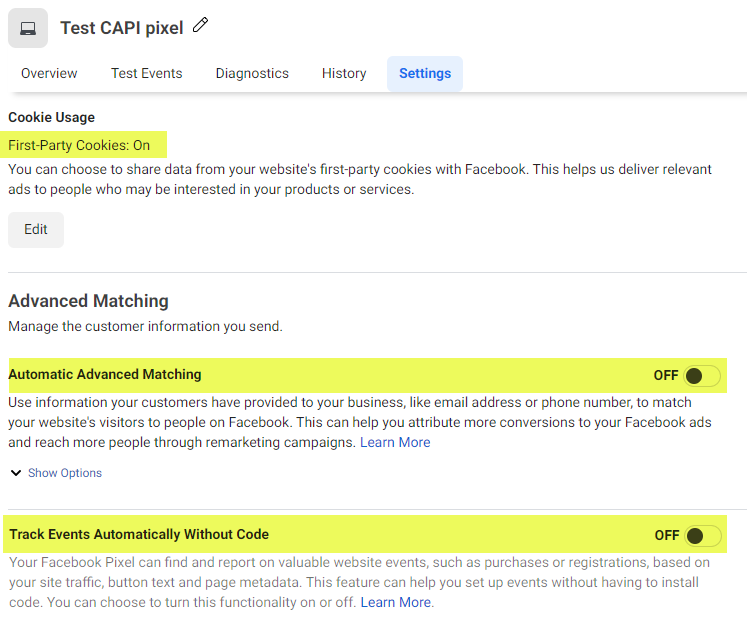 CAPI - Facebook Pixel settings