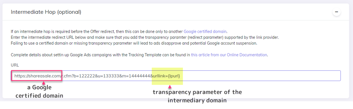 Example Intermediary URL with transparency parameter