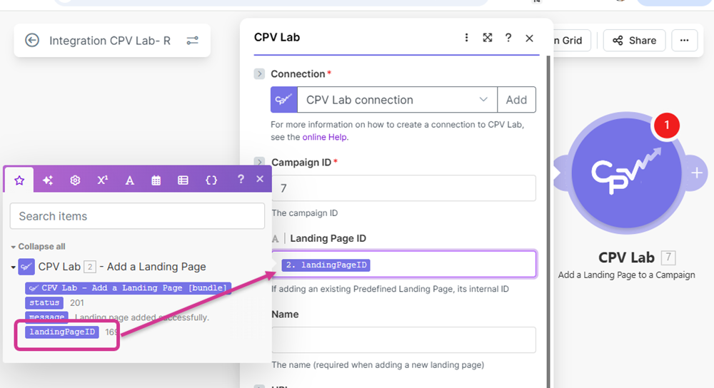 Make.com module config for Assign LP to Campaign in CPV Lab / CPV One