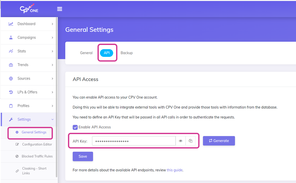 CPV Lab / CPV One Configuration page with API Key 