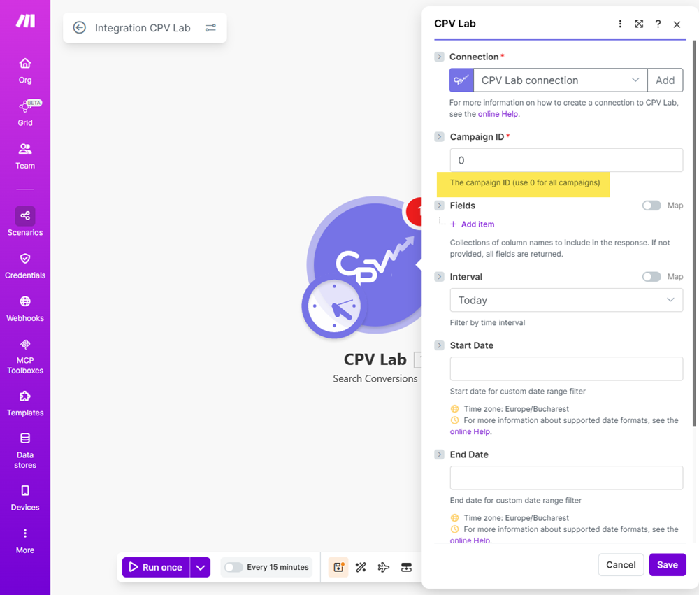 Make.com Get Conversions module with Last 24 Hour in CPV Lab / CPV One