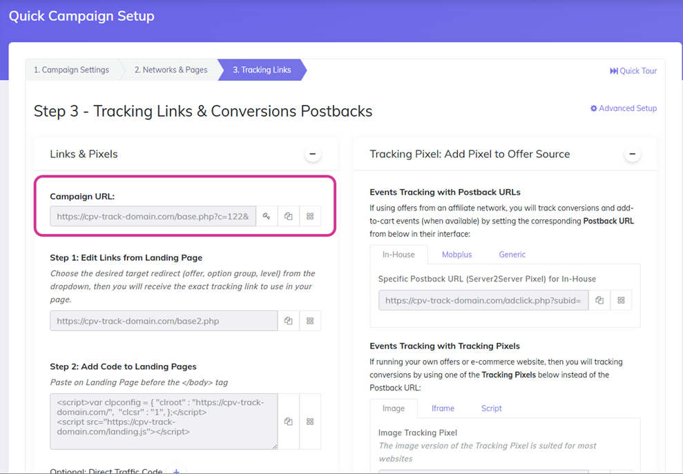 Mobplus in CPV Lab | CPV One Campaign page showing the Campaign URL