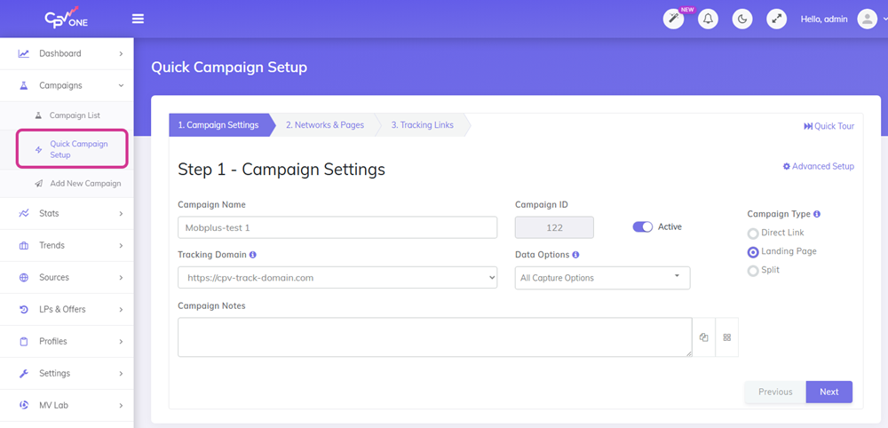 Mobplus campaign created in in CPV Lab | CPV One 