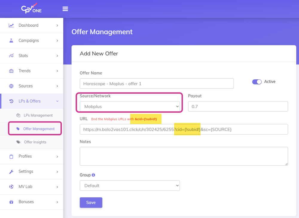Mobplus offer added in CPV Lab / CPV One tracker