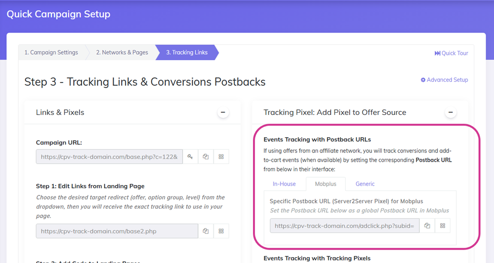 Mobplus in CPV Lab | CPV One Campaign setup page with the Postback URL