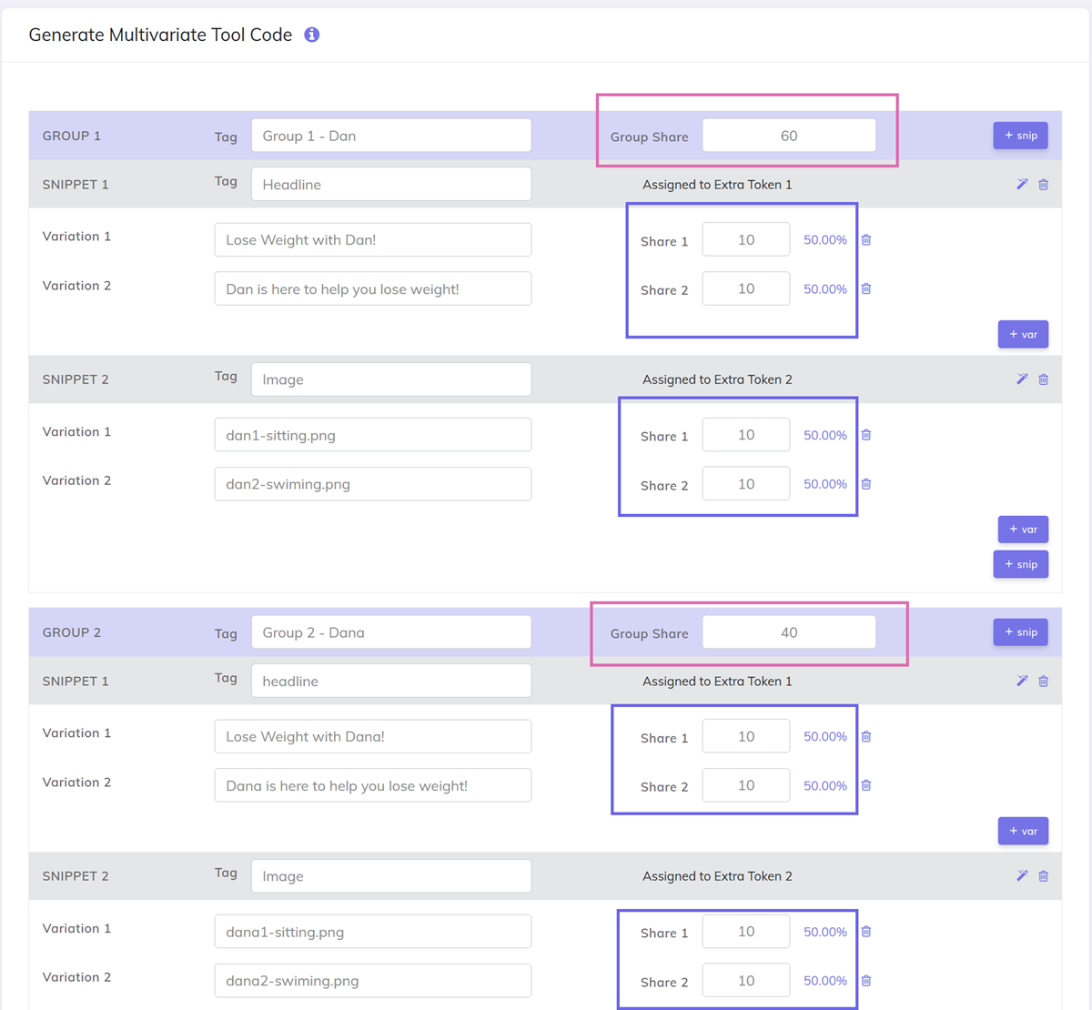 MV Lab Page Shares for Groups and Variations