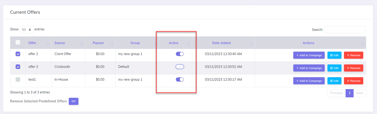 Offer Management Page Active toggle
