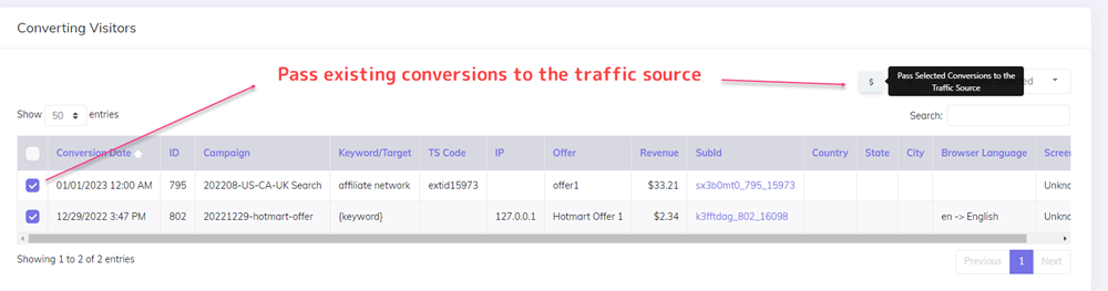 Pass existing conversions to traffic source