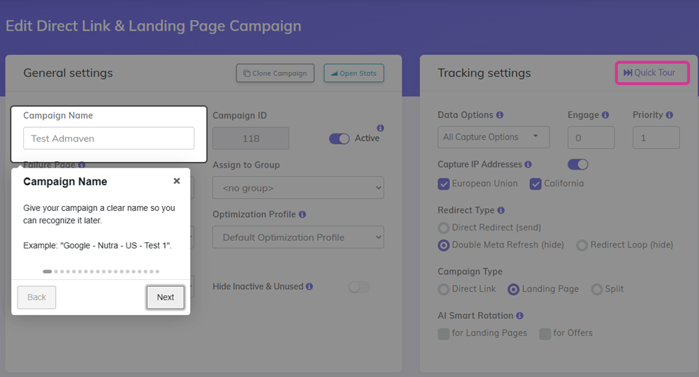 Quick tour tooltip visible on a campaign setup field