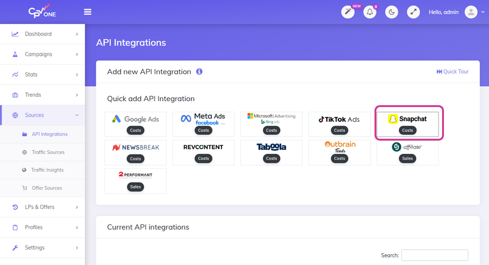 Snapchat Ads API integration start screen in CPV Lab / CPV One