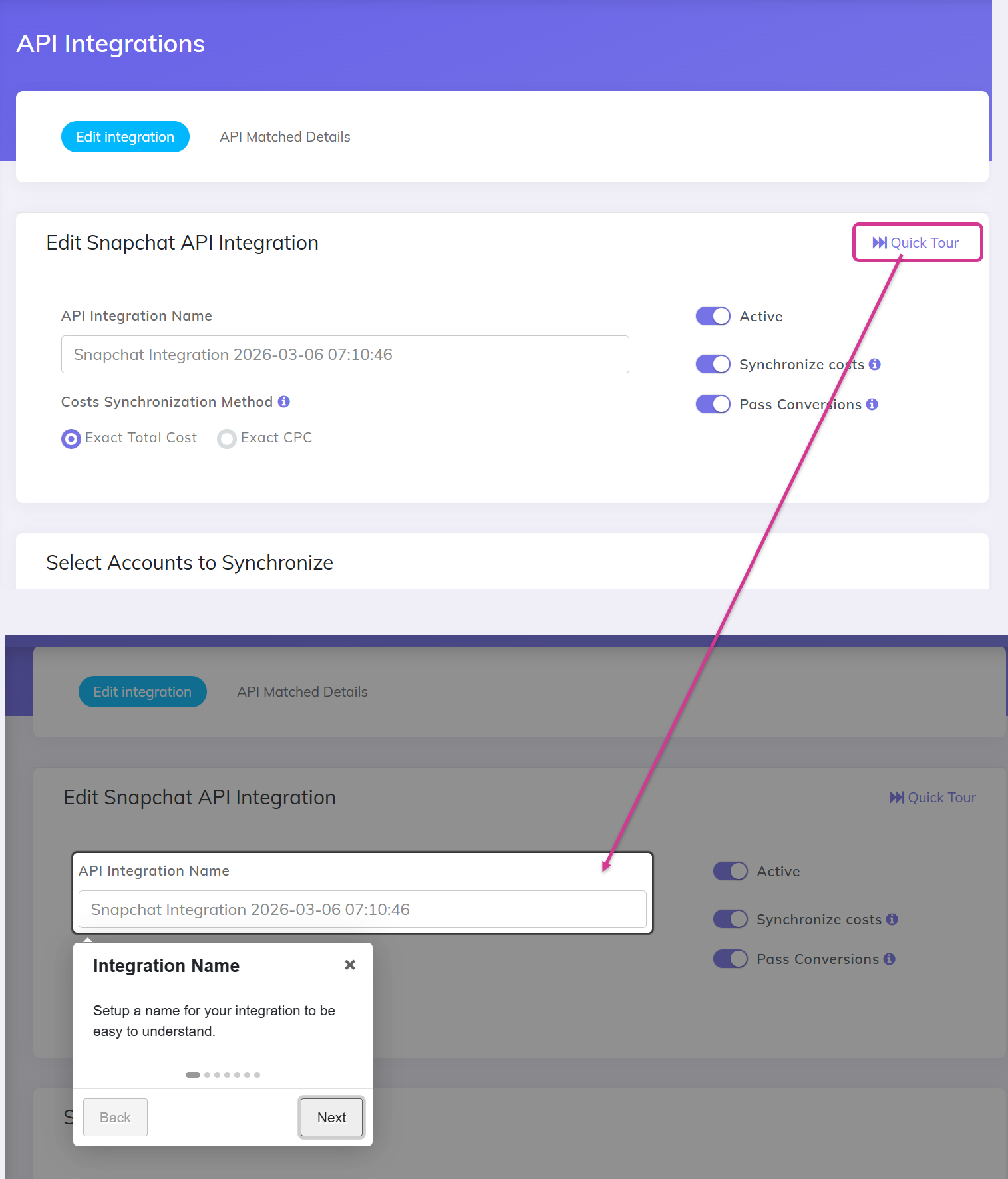Snapchat Ads integration settings page in CPV Lab / CPV One