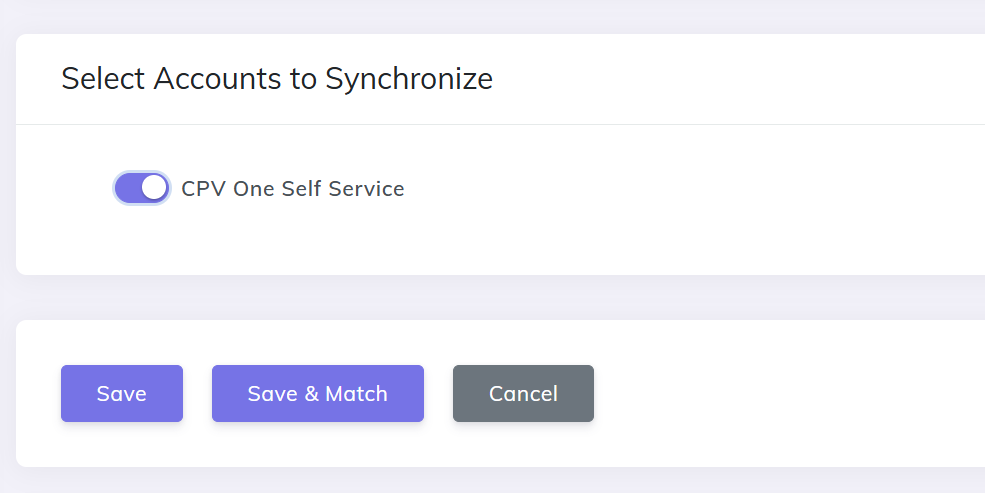 Accounts to synchronize list with Save and Save & Match buttons