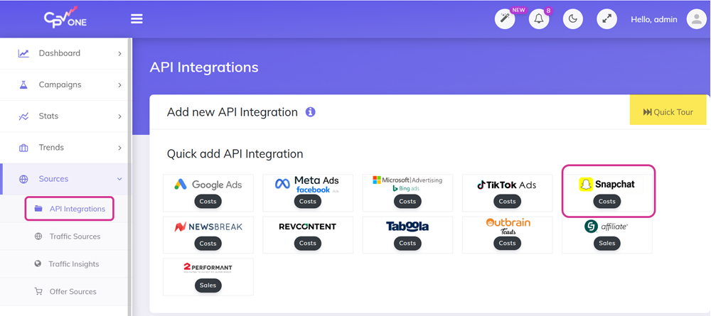 API Integrations page with Quick Tour button