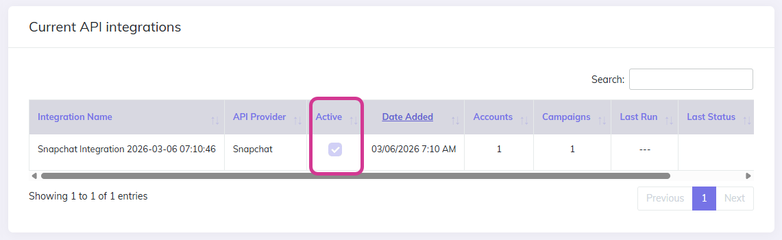Snapchat Ads API integration start screen in CPV Lab / CPV One